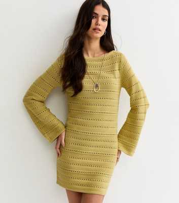 Green Cotton Rich Pointelle Slash Neck Mini Dress