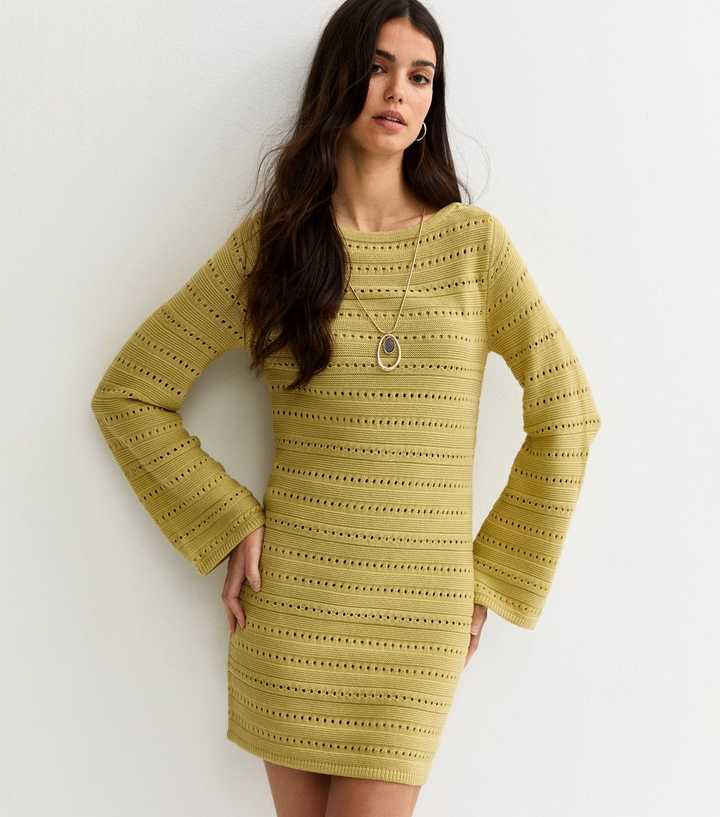 Green Cotton Rich Pointelle Slash Neck Mini Dress