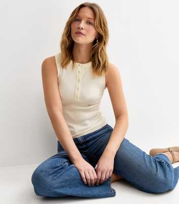White Knitted Sleeveless Henley Top