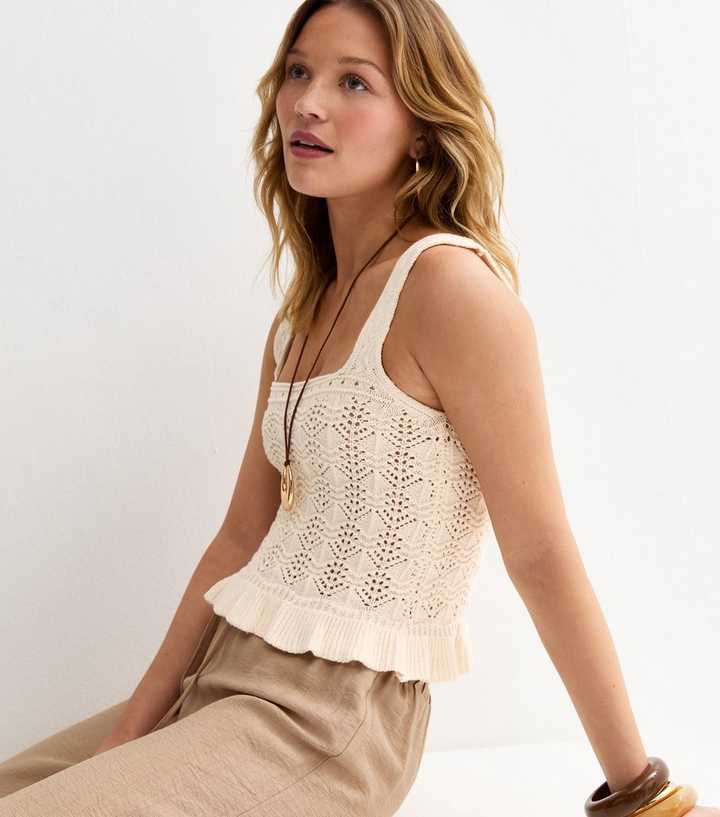 Cream Square Neck Cotton Rich Pointelle Knit Vest