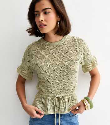 Green Open Knit Drawstring Waist Frilly Trim Top