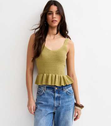 Green Cotton Rich Textured Knit Peplum Cami Vest
