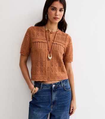 Orange Cotton Rich Patterned Knit Short Sleeve Cardigan