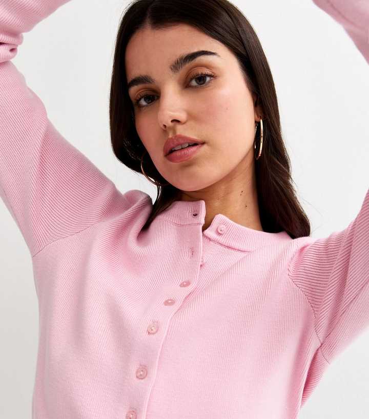 Light Pink Compact Knit Crew Neck Cardigan