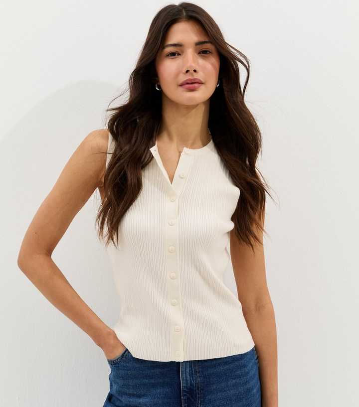 Cream Lightweight Rib Button Vest Top