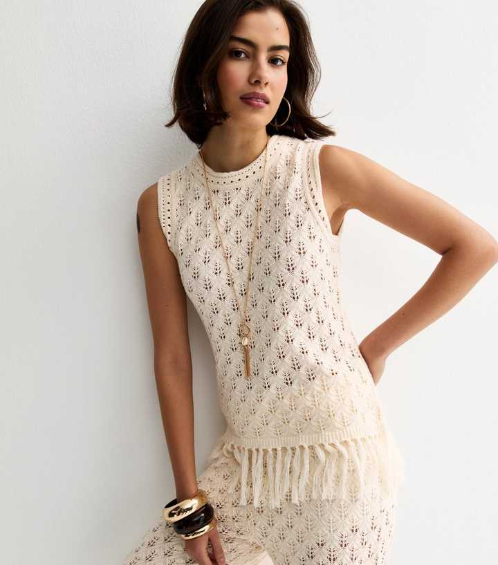 Cream Cotton Rich Patterned Longline Tassel Vest