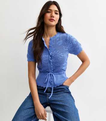 Blue Cotton Rich Tie Waist Floral Knit Short Sleeve Cardigan Top