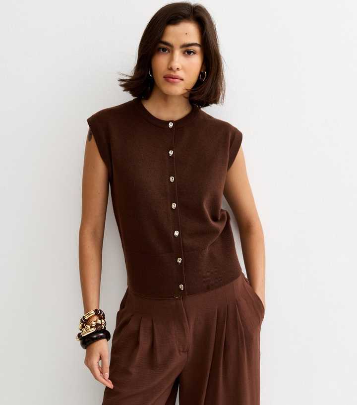 Dark Brown Knit Abstract Button Waistcoat
