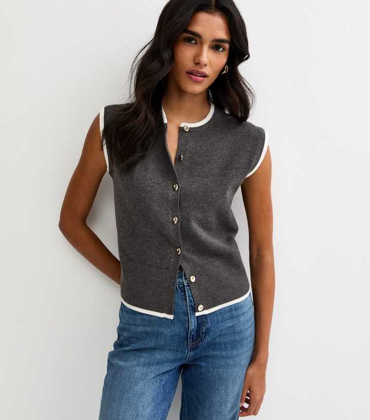 Dark Grey Contrast Trim Knit Waistcoat