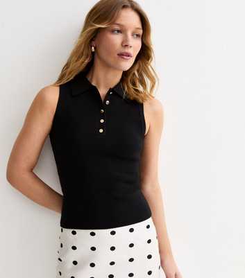 Black Compact Knit Ribbed Polo Vest