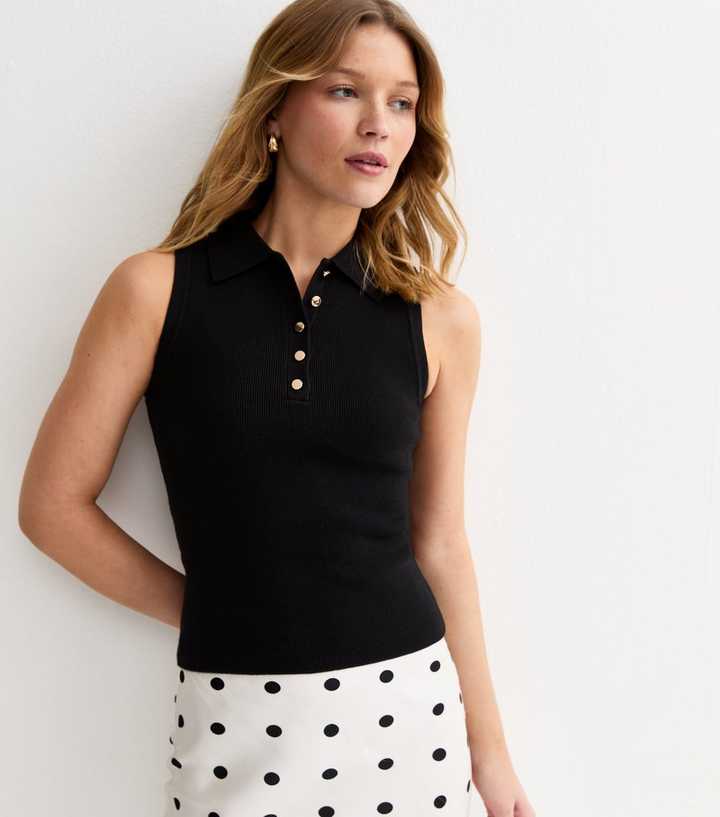 Black Compact Knit Ribbed Polo Vest