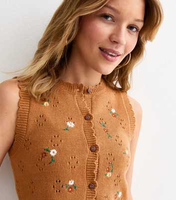 Brown Cotton Rich Knit Embroidered Floral Waistcoat