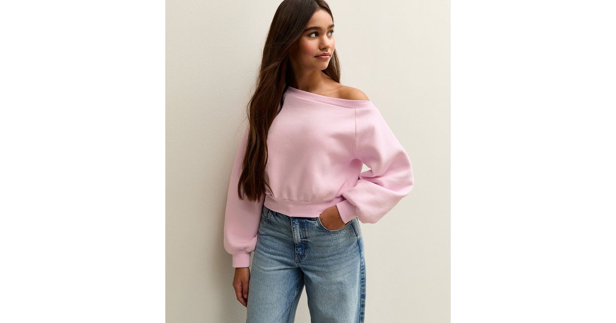 Girls Light Pink Oversized Off Shoulder Sweatshirt | New Look