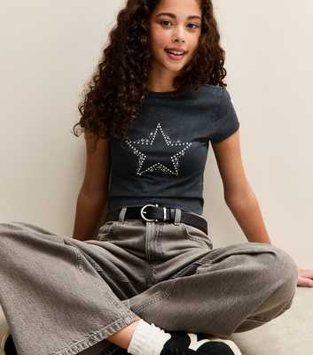 Girls Dark Grey Studded Star T-Shirt
