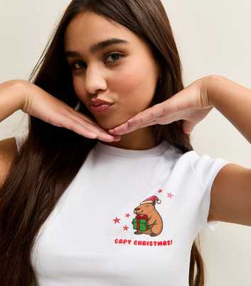 Girls White Capy Christmas Capybara Print Baby Tee T-Shirt