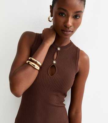 Brown Ribbed Star Button Midi Dress