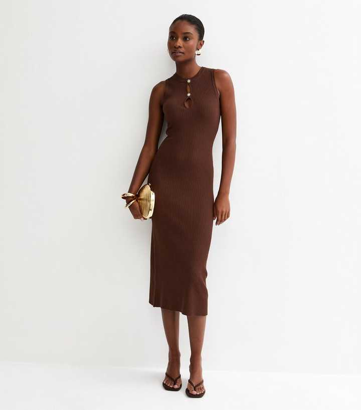 Brown Ribbed Star Button Midi Dress | New Look