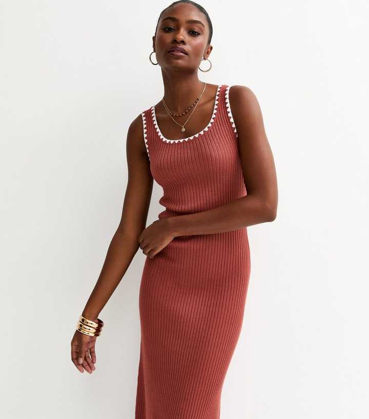 knee length dresses for ladies Brown Ribbed High Neck Cross Back Maxi Dress main image 1