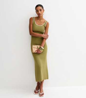 Khaki Ribbed Knit Tipped Maxi Dress
