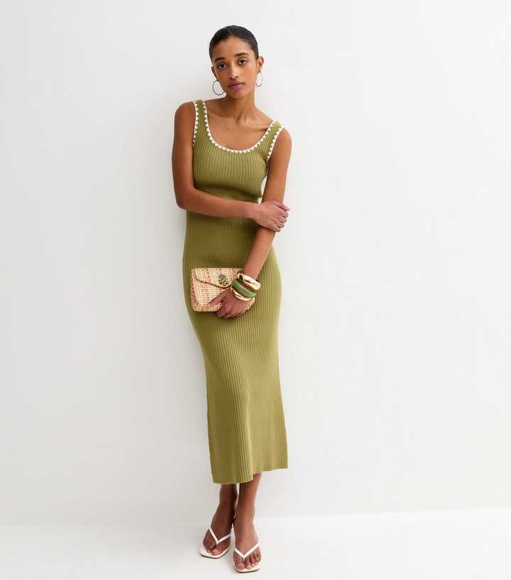 Khaki Ribbed Knit Tipped Maxi Dress