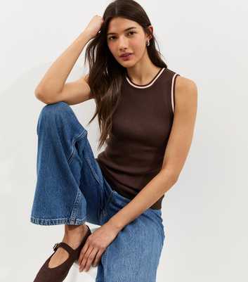 Brown Ribbed Contrast Tipping Vest