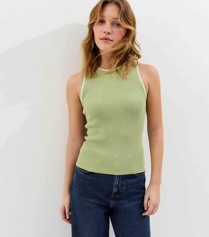 Green Ribbed Contrast Tipping Vest