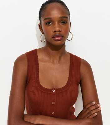 Red Ribbed Knit Scoop Neck Button Front Vest Top