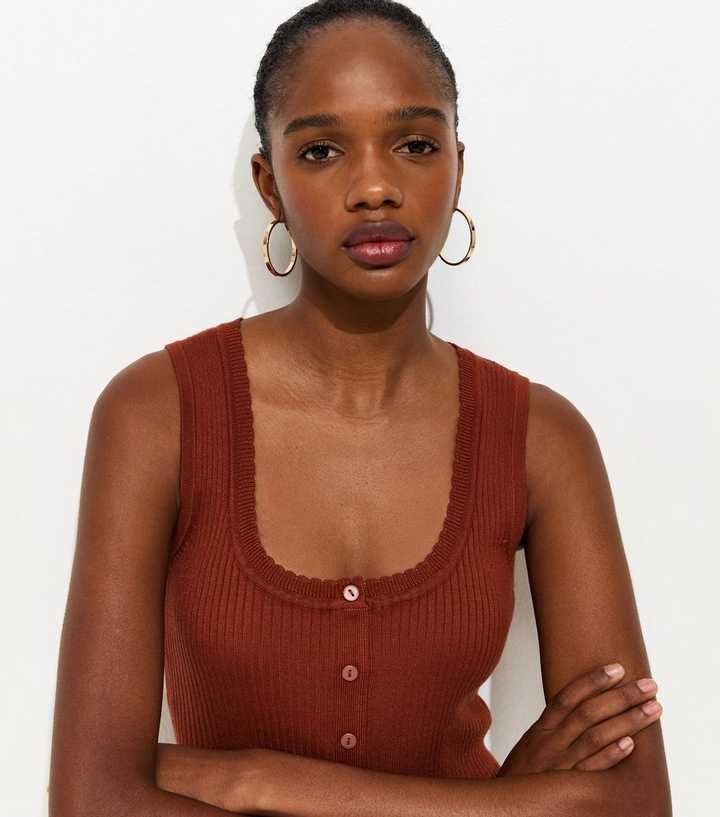 Red Ribbed Knit Scoop Neck Button Front Vest Top