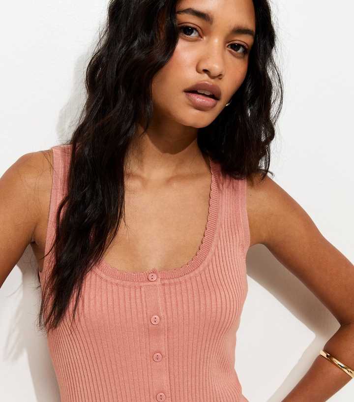 Pink Ribbed Knit Scoop Neck Button Front Vest Top