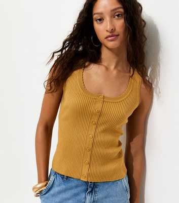 Dark Yellow Ribbed Knit Scoop Neck Button Front Vest Top