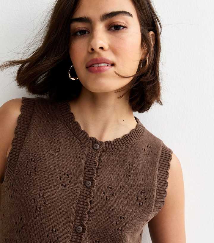 Brown Stitch Cotton Rich Detail Scallop Trim Waistcoat
