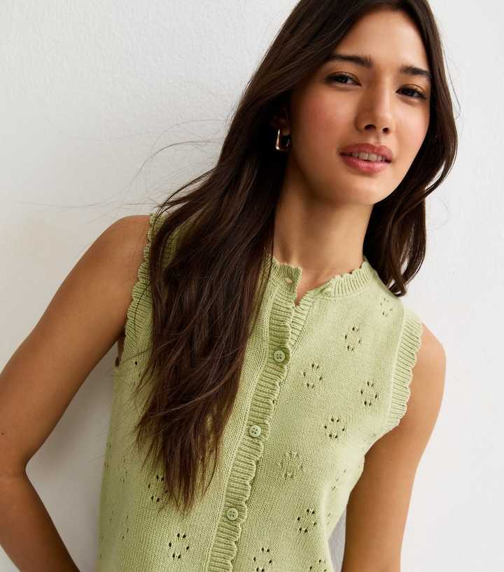 Light Green Cotton Rich Stitch Detail Scallop Trim Waistcoat