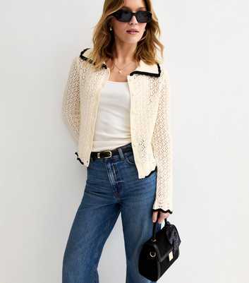 Cream Cotton Rich Crochet-Look Knit Scalloped Collar Cardigan