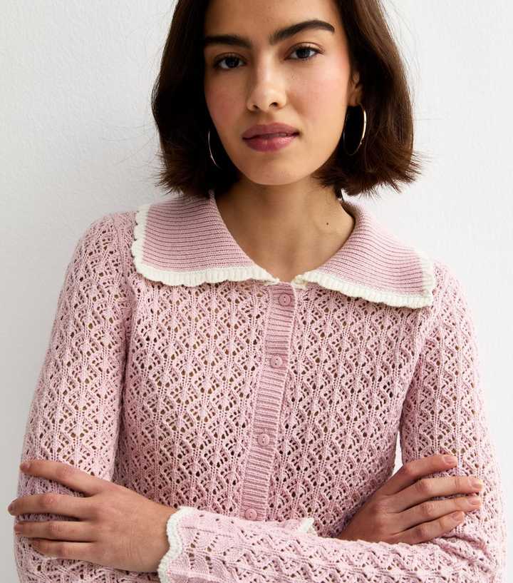 Lilac Cotton Rich Crochet-Look Knit Scalloped Collar Cardigan