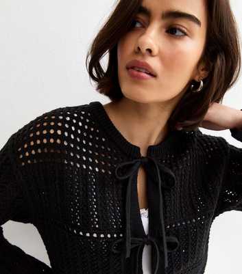 Black Cotton Rich Patterned Knit Tie Front Cardigan