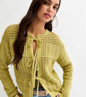 Green Cotton Rich Patterned Knit Tie Front Cardigan