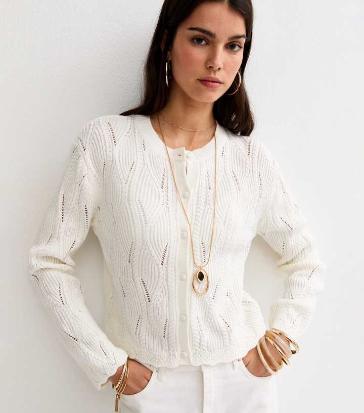 Cream Cotton Rich Ladder Stitch Scallop Trim Knitted Cardigan