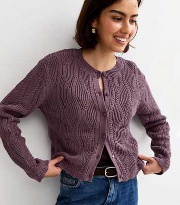 Light Purple Cotton Rich Ladder Stitch Scallop Trim Knitted Cardigan