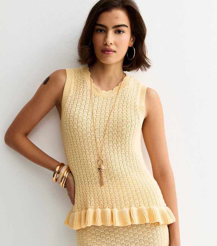 Yellow Cotton Rich Textured Knit Frill Hem Vest