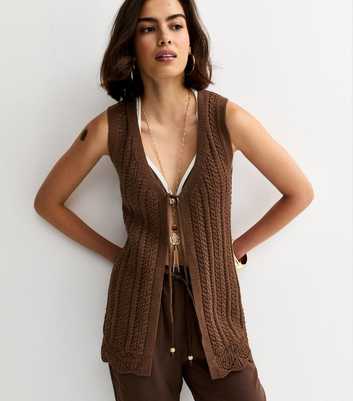 Brown Cotton Rich Stitchy Knit Longline Tie Front Waistcoat