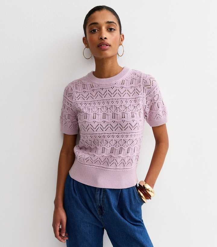 Lilac Cotton Rich Patterned Knit Short Sleeve Top
