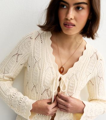 Cream Cotton Rich Crochet Tie Front Cardigan | New Look