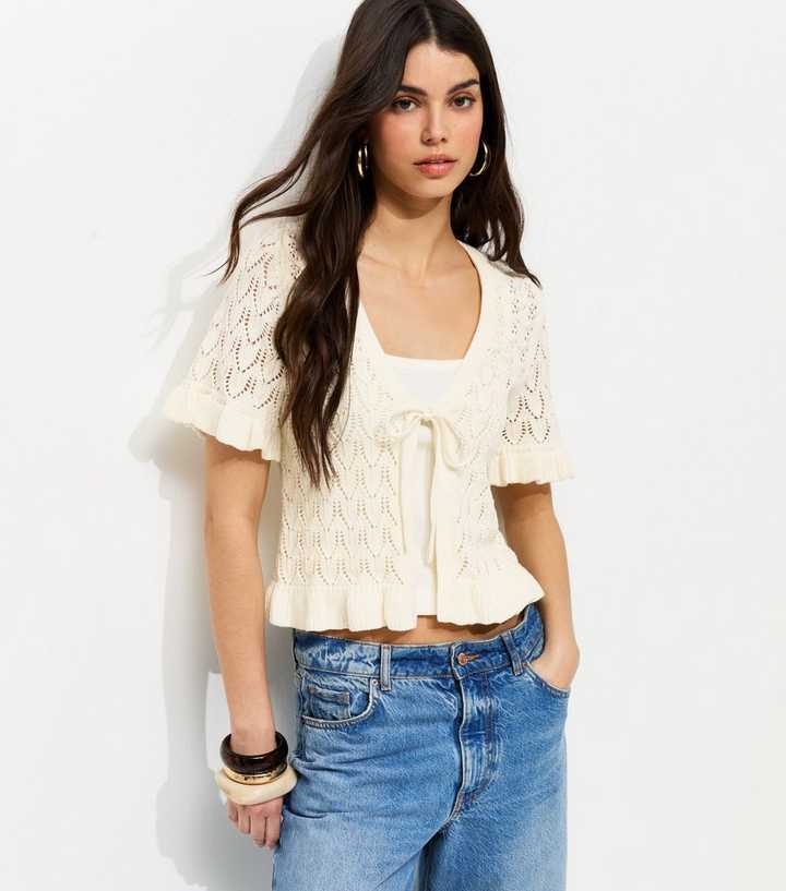 Cream Front Tie Short Sleeve Crochet Cardigan