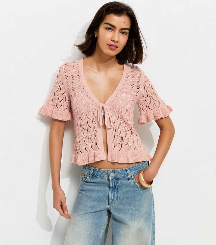 Light Pink Front Tie Short Sleeve Crochet Cardigan