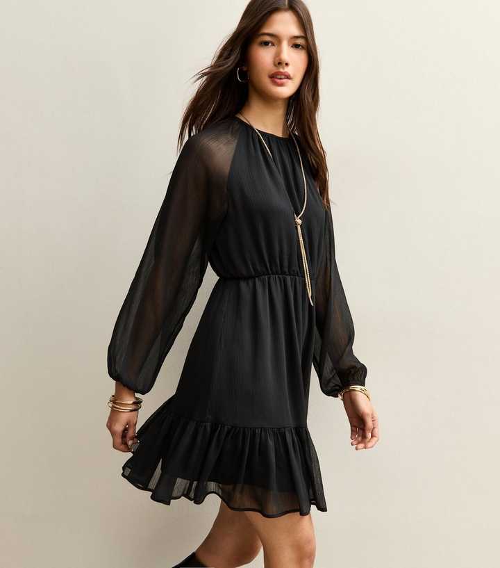 white christmas dresses Chiffon Tiered Babydoll Mini Dress - Black main image 1