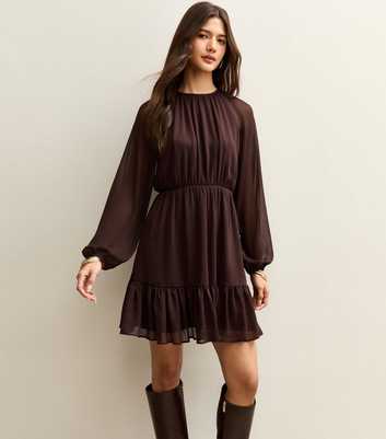 Brown Chiffon Tiered Mini Dress
