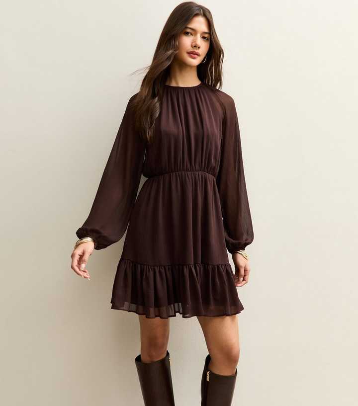 Brown Chiffon Tiered Mini Dress