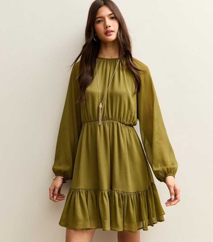 Light Khaki Chiffon Tiered Mini Dress