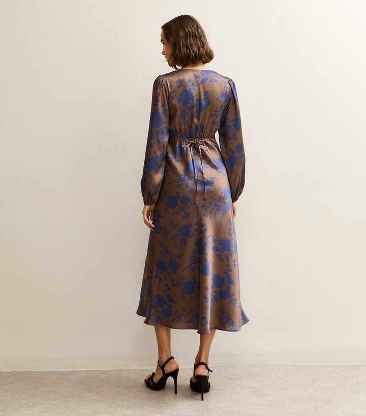 Brown Floral Satin Ruffled Midi Dress | New Look Brown Floral Satin Ruffled Midi Dress | New Look