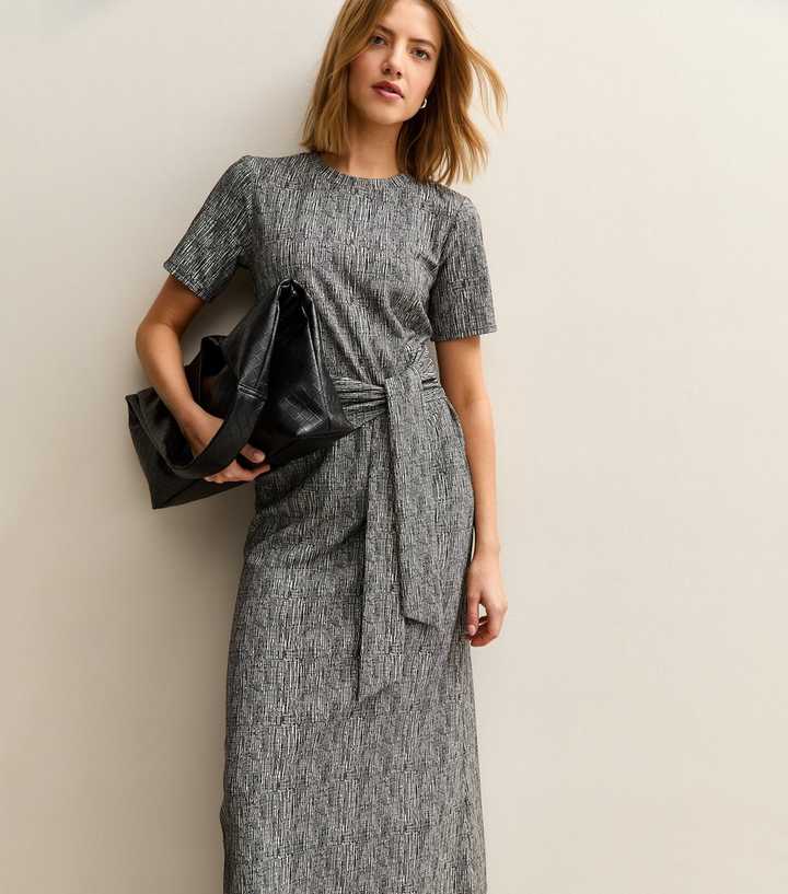 Grey Bark Print Belted T-Shirt Midi Dress